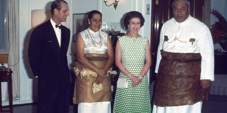 Prince Philip, Queen Halaevalu Mata'aho 'Ahome'e, Queen Elizabeth II and King Taufa'ahau Tupou IV on the Royal Yacht Britannia on February 01, 1977 in Tonga. Photo by Anwar Hussein/Getty Images