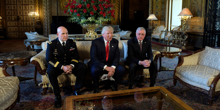 US President Donald Trump, centre, sits with Army Lt. Gen. H.R. McMaster, left, and retired Army Lt. Gen. Keith Kellogg, right, at Trump's Mar-a-Lago estate in Palm Beach. Photo / AP