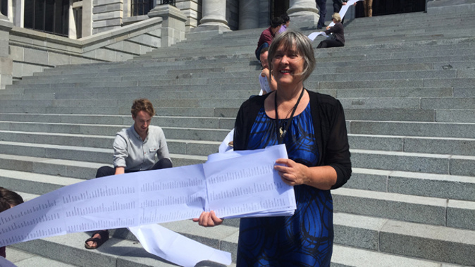 Catherine Delahunty with the Green Party's Swimmable Rivers petition on the steps of Parliament (Gia Garrick).