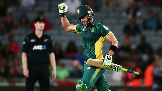 Faf du Plessis of South Africa celebrates winning game five of the ODI series at Eden Park. (Getty)