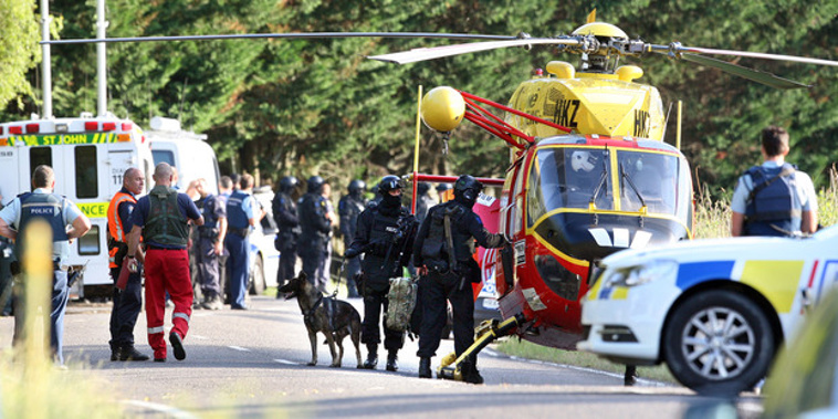Emergency services at the scene of the Kawerau siege (NZ Herald)