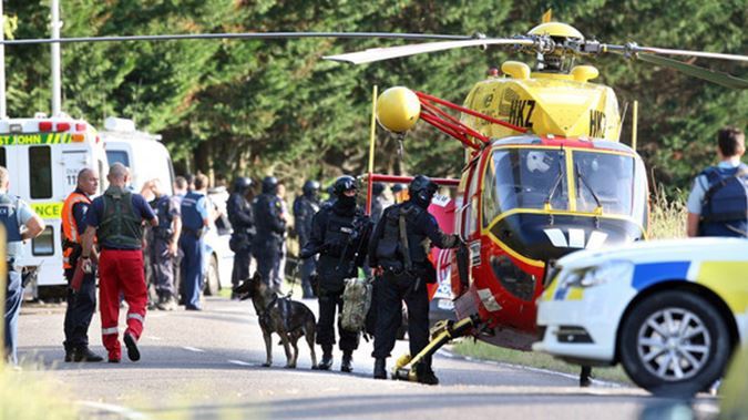 Emergency services at the scene of the Kawerau siege. (NZ Herald)