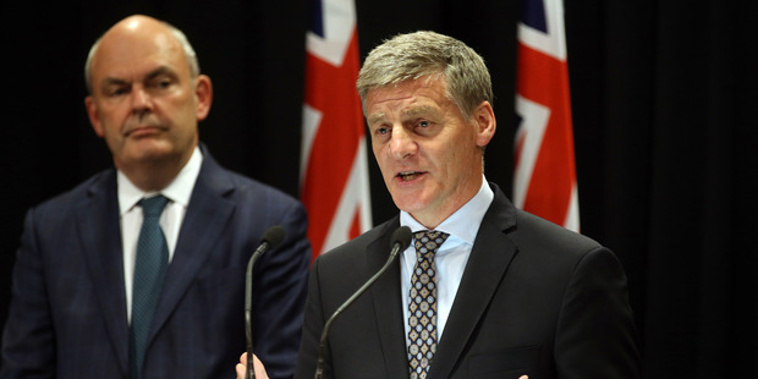 Prime Minister Bill English, right, and Finance Minister Steven Joyce, announcing the government is to raise the age for super to 67 in 2040. NZH photo by Mark Mitchell.