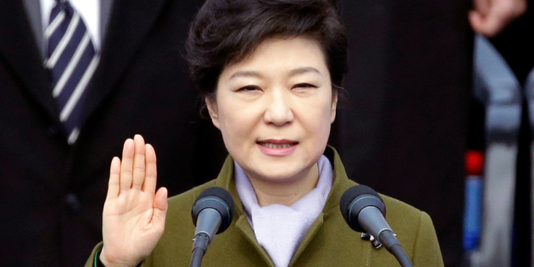 Park Geun-hye taking the oath during her inauguration ceremony in 2013. Photo / AP