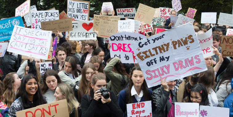 Protesters during their rally against rape culture at Parliament on Monday (Mark Mitchell).