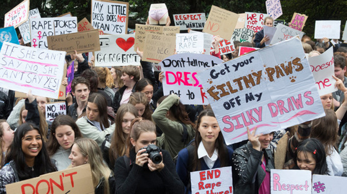 Protesters during their rally against rape culture at Parliament on Monday (Mark Mitchell).