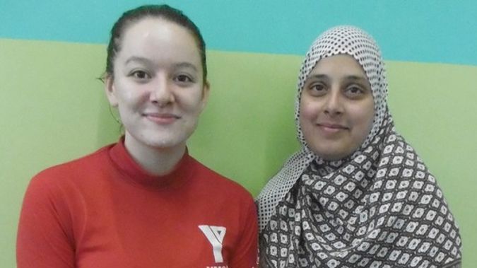 YMCA instructor Bernadine (left) with Gayas Fathima, 33, who is one of the migrant women who attends the classes at Cameron Pools. Photo / Supplied