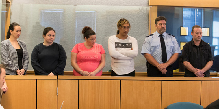 Michelle Blom, Nicola Jones, Julie-Ann Torrance, Cameron Hakeke, (court security), Wayne Blackett, appearing in the Auckland High Court. (Brett Phibbs)