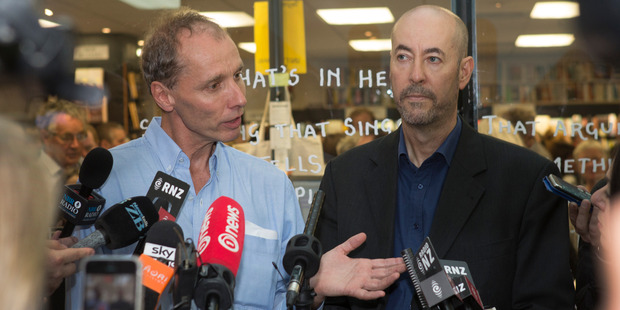 Nicky Hager and Jon Stephenson at the launch of their book, Hit & Run, in Wellington (NZH)