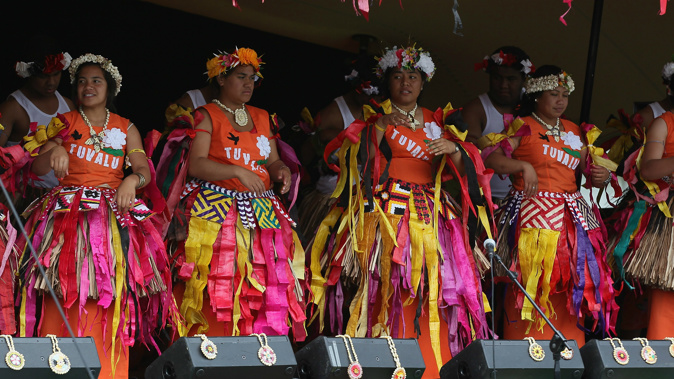 A group performs on the Tuvalu stage at a previous Pasifika Festival. (Getty)