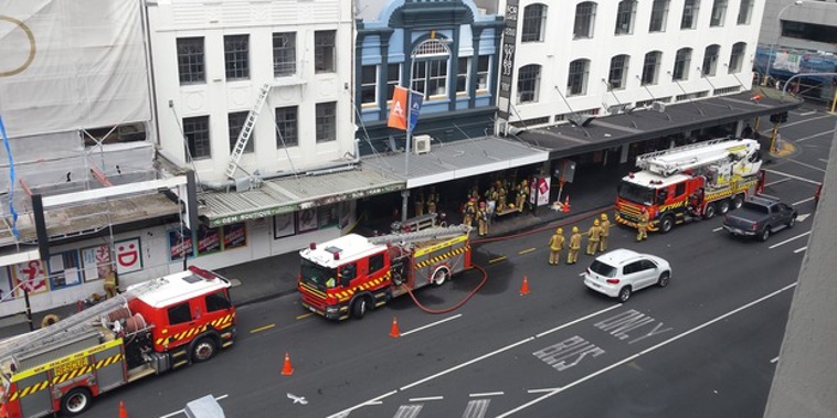 Ten fire trucks were sent to Show Girls in Customs Street at around 11am. (Toby Manhire) 