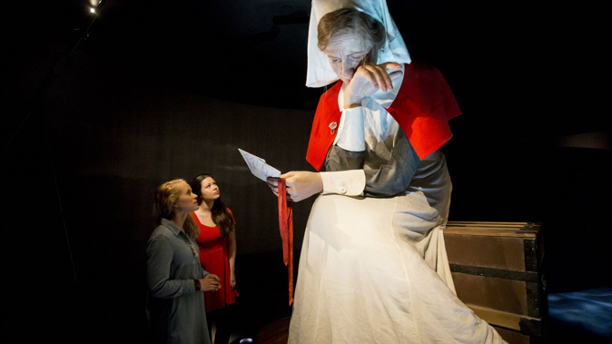 The giant figure of nurse Lottie Le Gallais, holding the letter marked "Killed – Return to Sender." (Supplied)