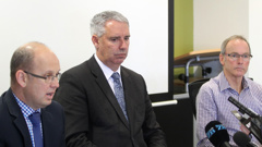 Hastings chief executive Ross McLeod (left) Mayor Lawrence Yule, mayor and water services manager Brett Chapman at a press conference during the gastro outbreak. Photo / Duncan Brown
