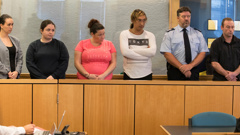 Michelle Blom, Nicola Jones, Julie-Ann Torrance, Cameron Hakeke, (court security), Wayne Blackett in the Auckland High Court (Brett Phibbs)