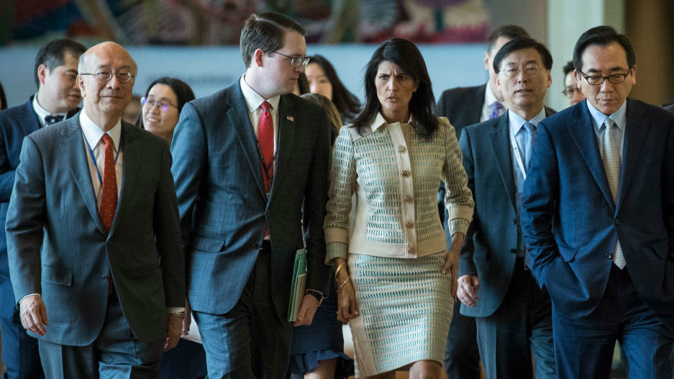 The Japanese, South Korean and U.S. ambassadors to the United Nations arrive at a United Nations Security Council concerning North Korea(Photo\Getty Images)