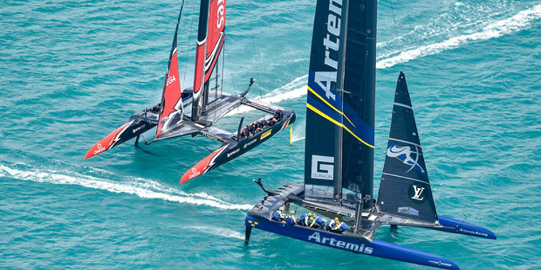 Emirates Team NZ and Artemis Team Sweden do battle off Bermuda. Photo/America's Cup