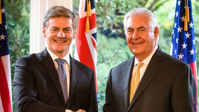 Rex Tillerson is welcomed by Prime Minister Bill English at Premier House in Wellington (Pool Photo).