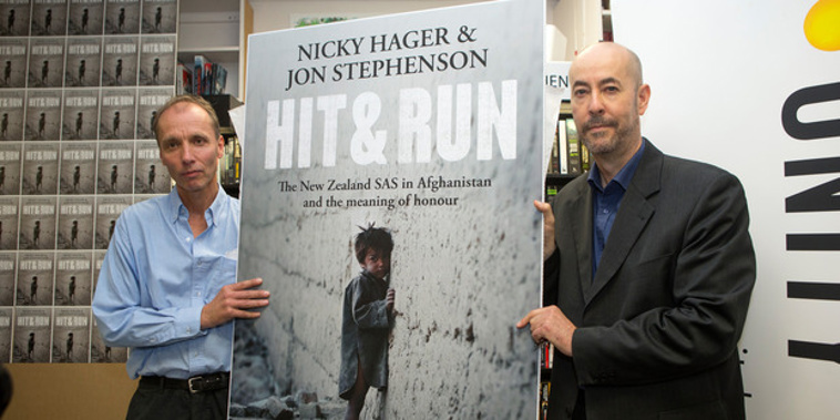 Authors Nicky Hager, left, and Jon Stephenson during the launch of their book, Hit & Run. New Zealand Herald photograph by Mark Mitchell