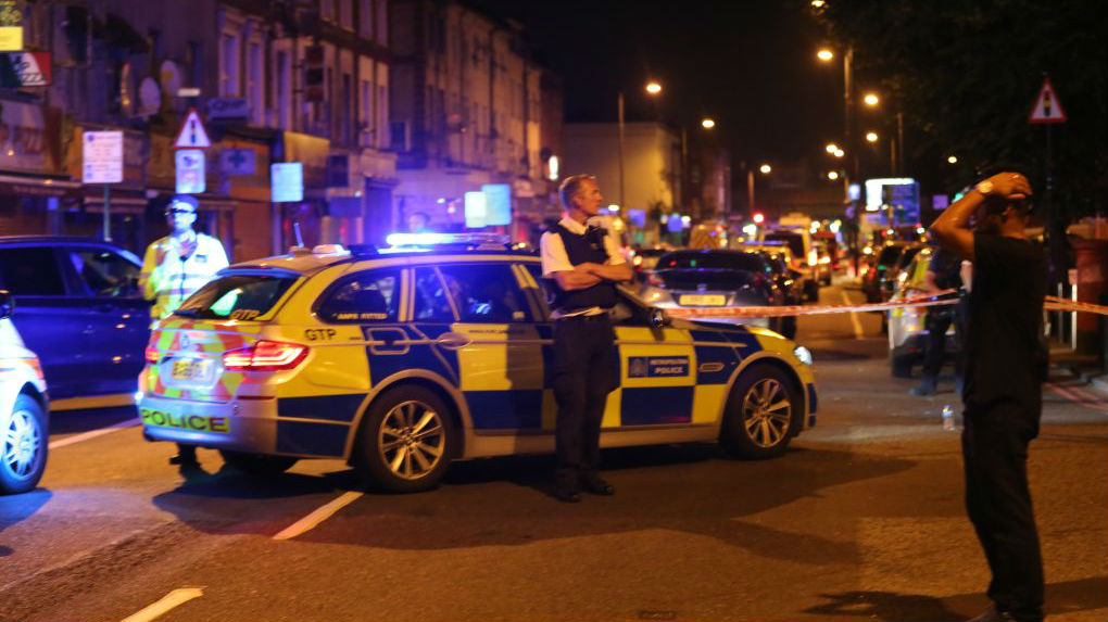 Police take security measures after a vehicle plowed into pedestrians on the sidewalk near the Finsbury Park Mosque on Seven Sisters Road in London. Photo / Getty Images.
