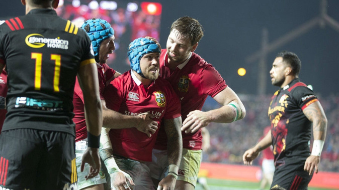 Lions winger Jack Nowell celebrates a try. Photo / Brett Phibbs