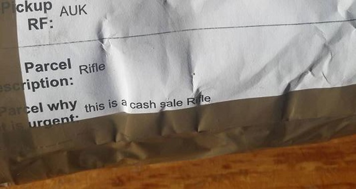 The package, dropped off by Fastway Couriers, was in the distinctive shape of a firearm and 'Rifle' was listed in the parcel description (Supplied)
