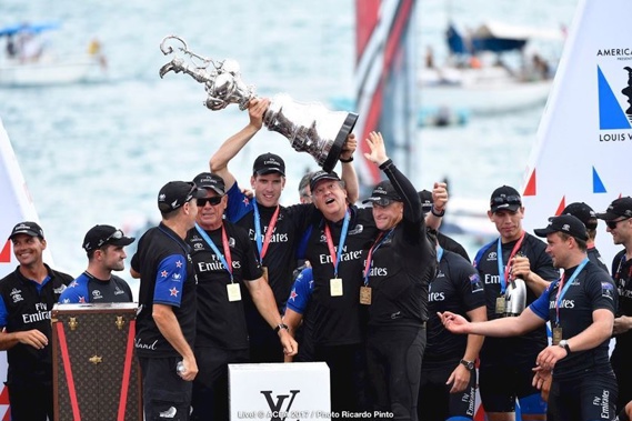 Emirates Team New Zealand sailing team celebrate winning the America's Cup in Bermuda. Photo / Richard Hodder