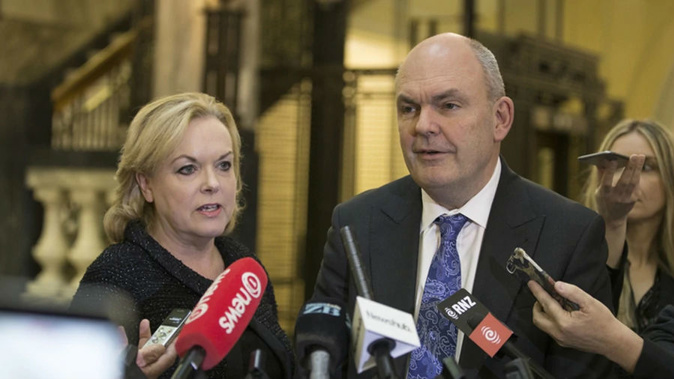 Revenue Minister Judith Collins and Finance Minister Steven Joyce , announcing the overhaul of IRD social policy payments at Parliament today. (Photo \ Mark Mitchell)