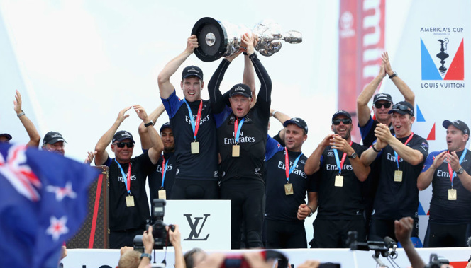 Peter Burling and Glenn Ashby with the America's Cup (Getty Images).