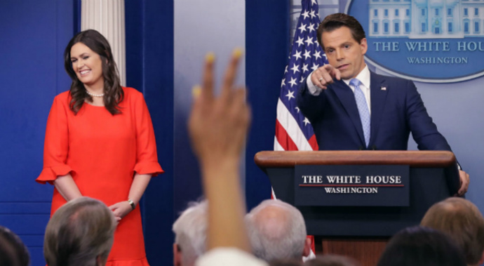 White House Press Secretary Sarah Huckabee Sanders and Anthony Scaramucci conduct the daily White House press briefing. (Getty)