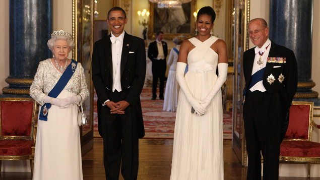 Queen Elizabeth II with President Barack Obama, his wife Michelle Obama and Prince Philip Duke of Edinburgh at Buckingham Palace 2011