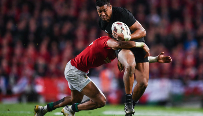 Julian Savea is tackled by Anthony Watson of the Lions. Getty Images.