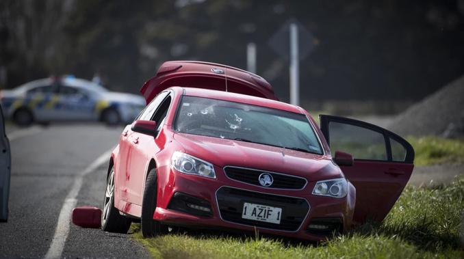 Shot up vehicle on Kurunui Road, Morinsville after a shoot out with police last night. (Dean Purcell)