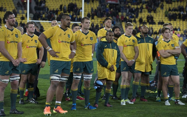 Dejected Wallabies players after their defeat 29-9 to the All Blacks last year. Photo / Mark Mitchell