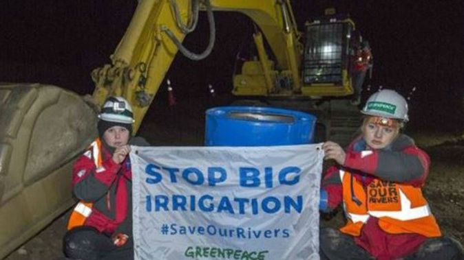 It follows two recent protests in Canterbury, where activists chained themselves to irrigation equipment, and occupied the Central Plains Waters' dam.  (Photo / via Greenpeace)