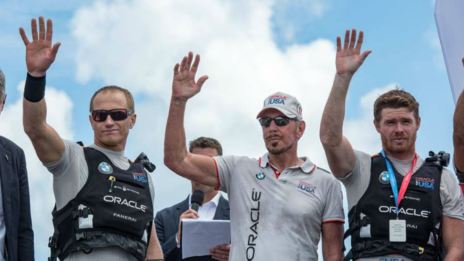 Oracle Team USA owner Larry Ellison, middle, might be waving goodbye to the America's Cup. (Photo / Photosport)