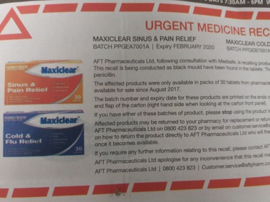 The urgent recall affects one batch each of Maxiclear Sinus & Pain Relief, and Maxiclear Cold & Flu Relief (NZ Herald) 