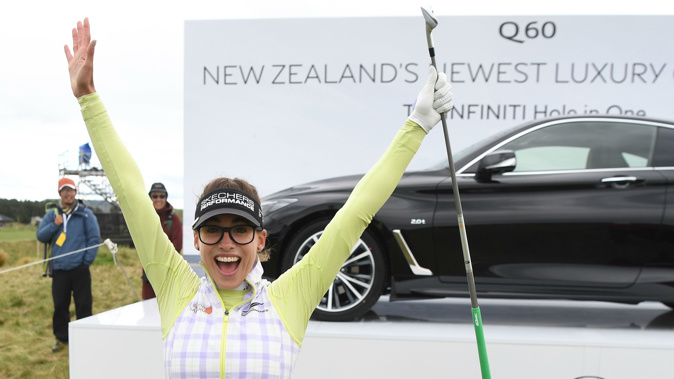 Spain's Belen Mozo celebrates her hole in one on the 13th tee. (Photosport)