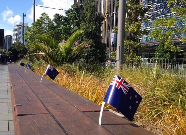 NZ flags line the route at Wynyard Quarter (Alex Mason)