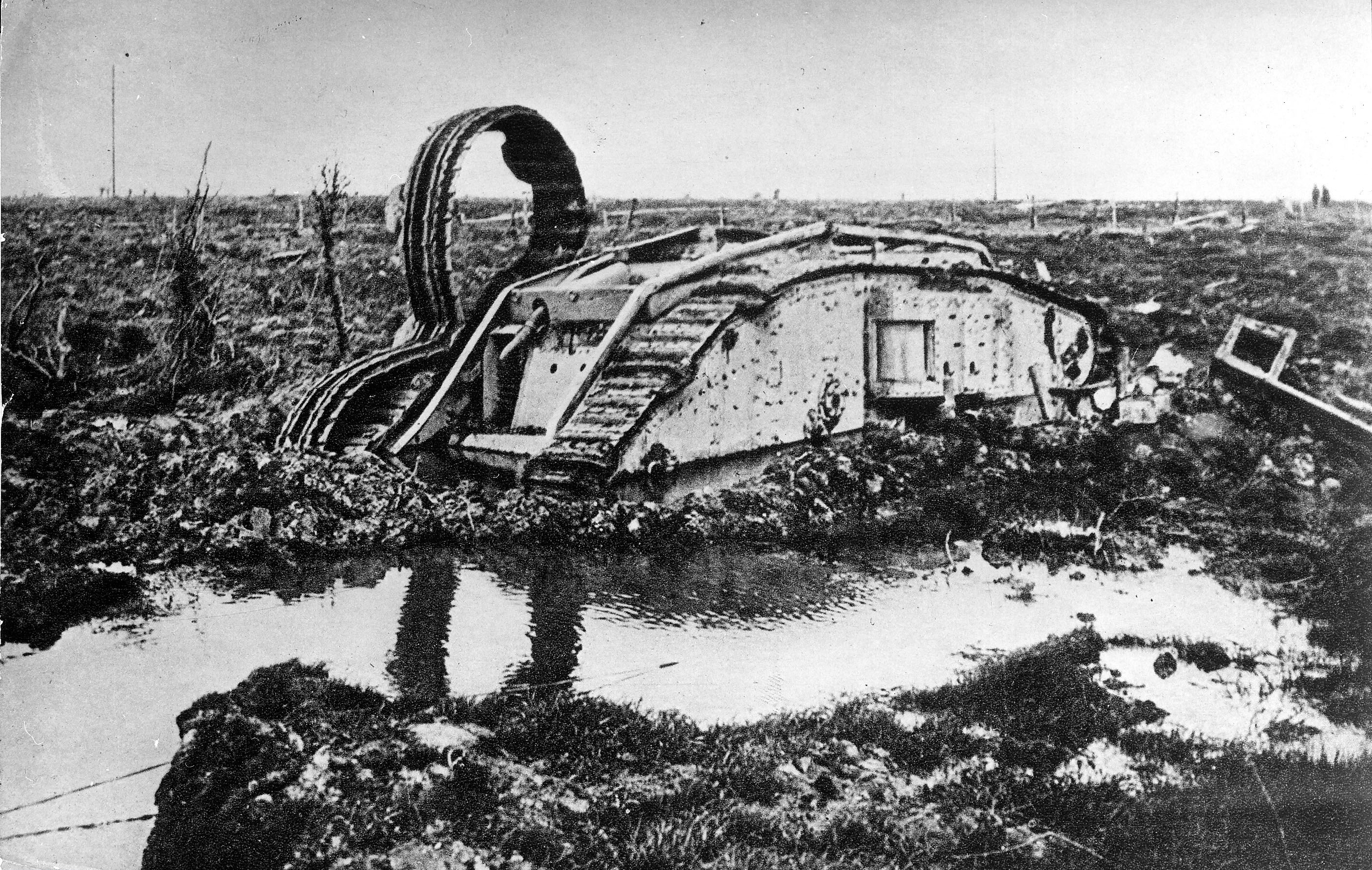 British Mark IV tank stuck in the mud following combat at St. Julien, Belgium