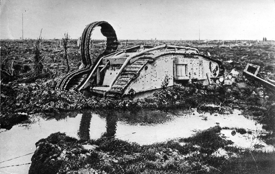 British Mark IV tank stuck in the mud following combat at St. Julien, Belgium