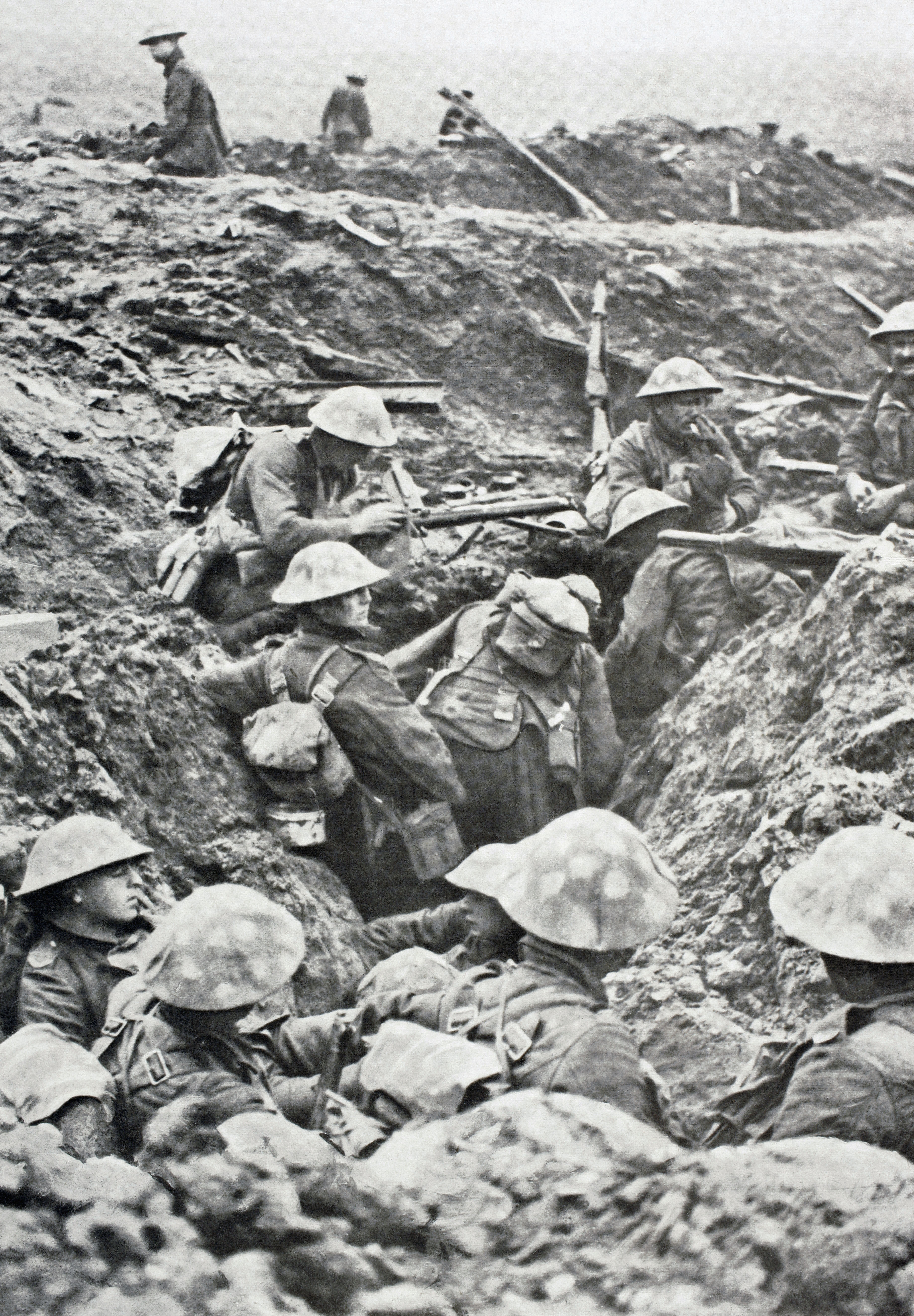 British Soldiers in destroyed trench during Battle Of Menin Road waiting order to attack.