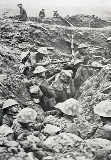 British Soldiers in destroyed trench during Battle Of Menin Road waiting order to attack.