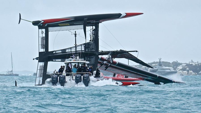 Immediately after team New Zealand pitchpoled at the America's Cup. (Photo / Richard Gladwell)