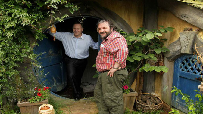 John Key with Peter Jackson on the set of The Hobbit. Key defended the deal with Warners, pointing to the employment of 3000 people during the filming (Photo: Alan Gibson/ NZ Herald)