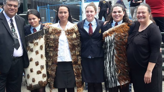 Organisers of the petition seeking NZ Wars national commemoration day, from left, Rahui Papa, Tai Jones (in cloak), Waimarama Anderson, Leah Bell, Rhiannon Magee and Mariana Papa. (Supplied)
