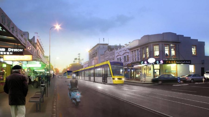 An Auckland Transport artist impression of light rail on Dominion Road. Photo / Supplied
