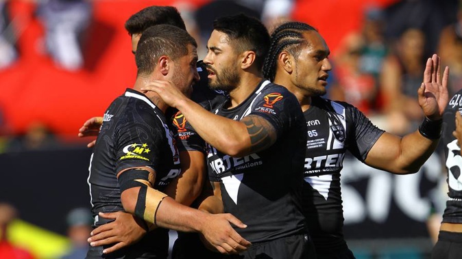New Zealand celebrates a try during the Rugby League World Cup match against Scotland. (Photo / Getty Images)