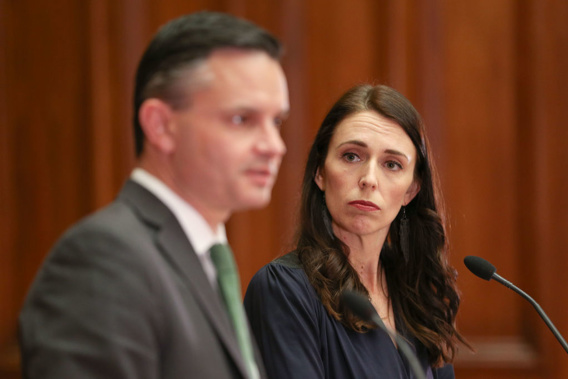 Jacinda Ardern and Green Party Leader James Shaw as they sign their confidence and supply deal. Photo/Getty