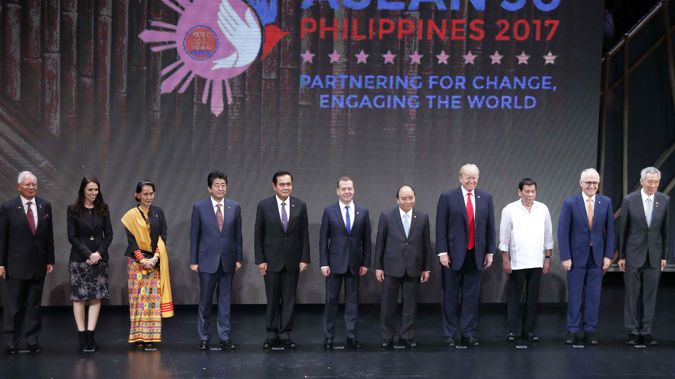 Jacinda Ardern with world leaders, including Duterte. Photo/Getty