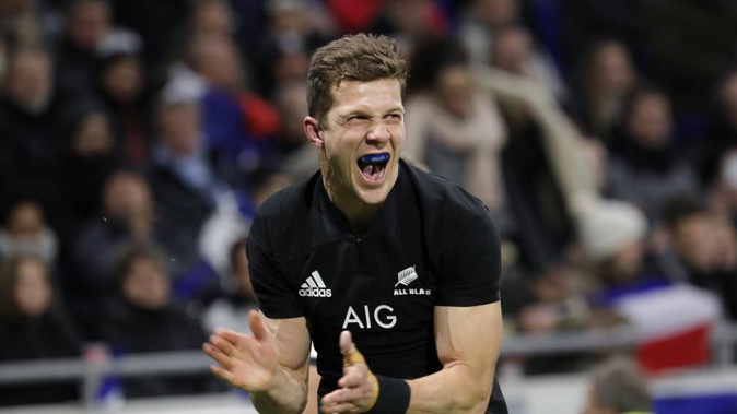 New Zealand's Matt Duffie celebrates after scoring a try against the France XV. (Photo / AP)